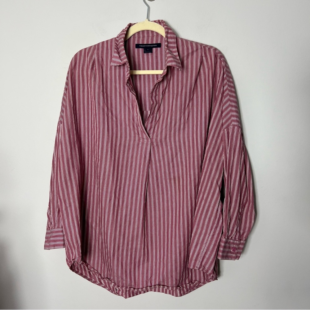 French Connection Oversized Popover Striped Collared Shirt Cotton  1104